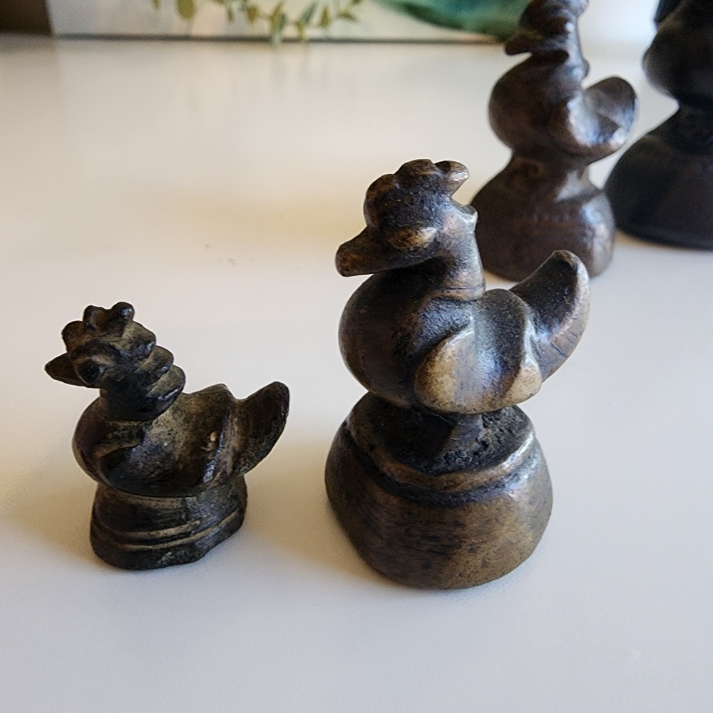 Set of Four Vintage Bronze Asian Rooster Op1um Measuring Weights Figurines